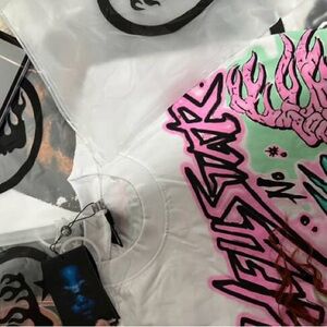 White and Pink Short Sleeve Tee with Urban Graffiti Design